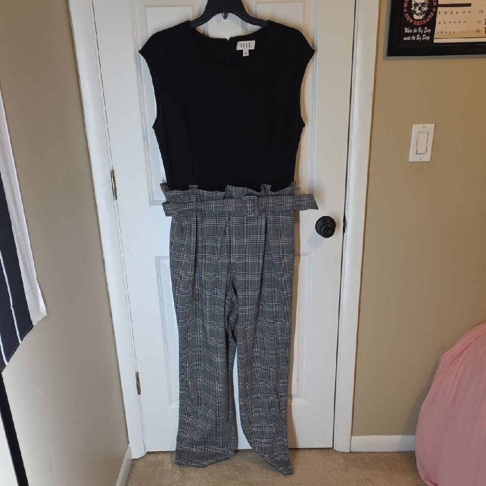 Elle Black and Gray Plaid Jumpsuit